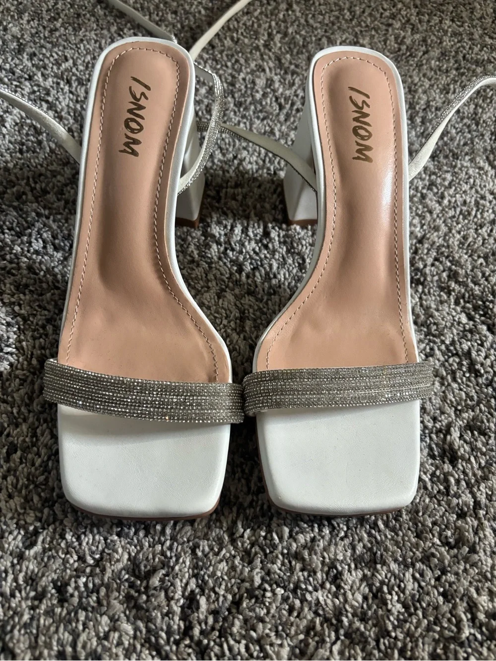 MSI White Square-Toe Rhinestone Lace-Up Heels